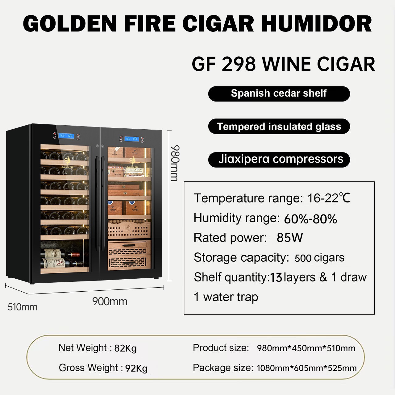 Tủ rượu vang và cigar Golden Fire GF-298